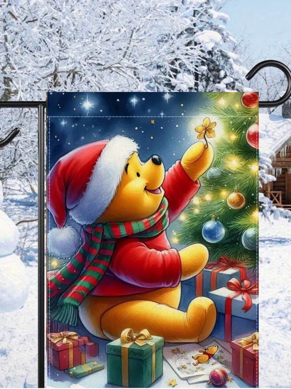 Christmas Garden Flag, Winnie the Pooh, Burlap double-sided, approx 12”x18”